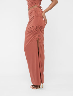 Split Leg Ruched Detail Slinky Maxi Skirt Rust