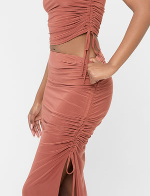Split Leg Ruched Detail Slinky Maxi Skirt Rust