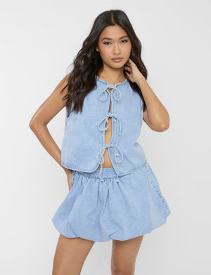 Puff Ball Mini Skirt Light Blue