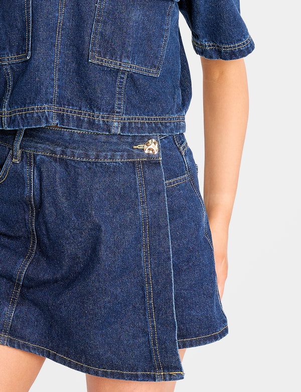 Front Wrap Denim Skort Dark Blue