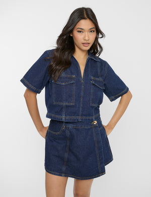 Front Wrap Denim Skort Dark Blue