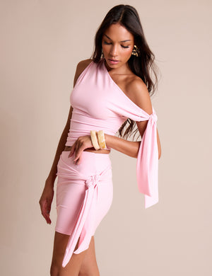 Knot Detail Luxe Slinky Mini Skirt Soft Pink