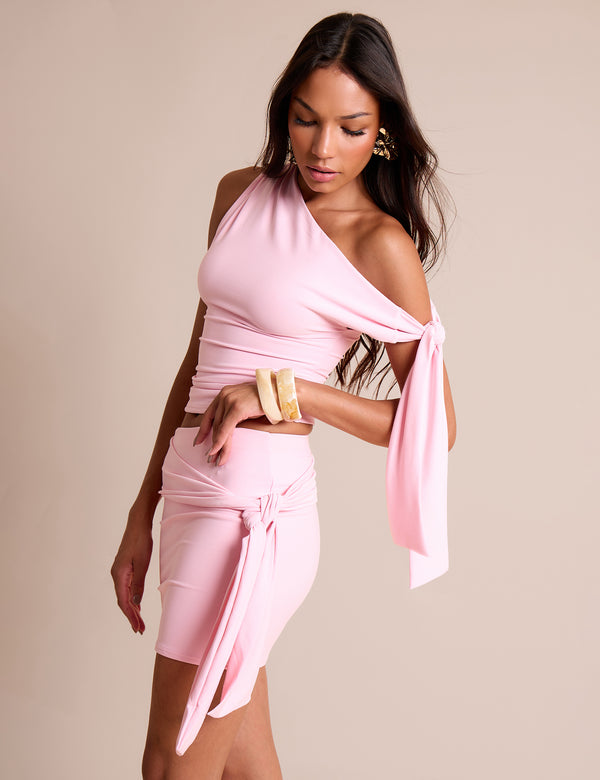 Knot Detail Luxe Slinky Mini Skirt Soft Pink