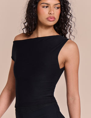 Asymmetric One Shoulder Luxe Slinky Top Black