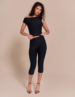 Asymmetric One Shoulder Luxe Slinky Top Black
