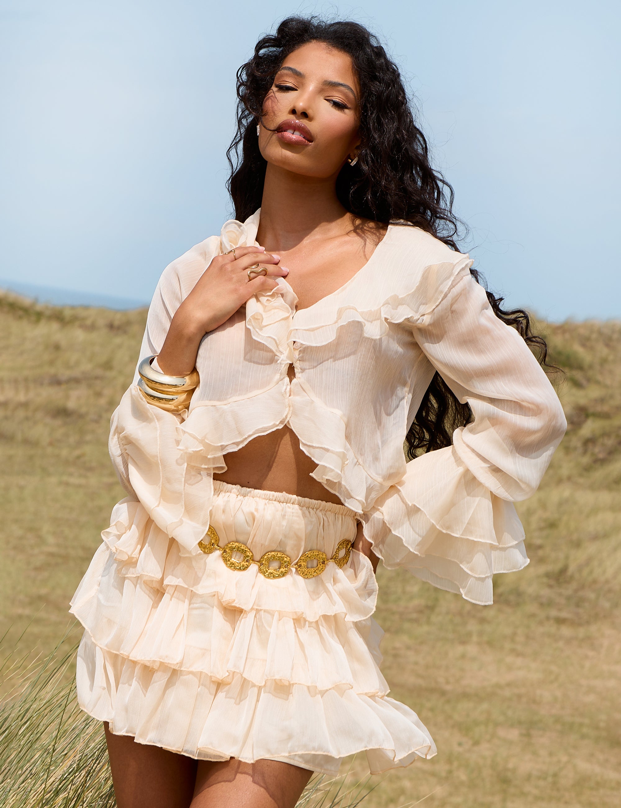 Sheer Ruffled Long Sleeve Crop Top Stone | Public Desire