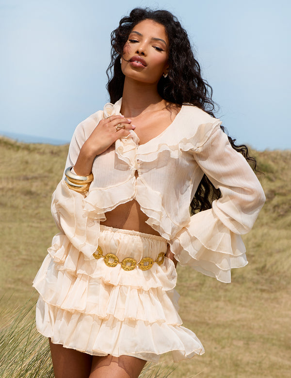 Sheer Ruffled Long Sleeve Crop Top Stone