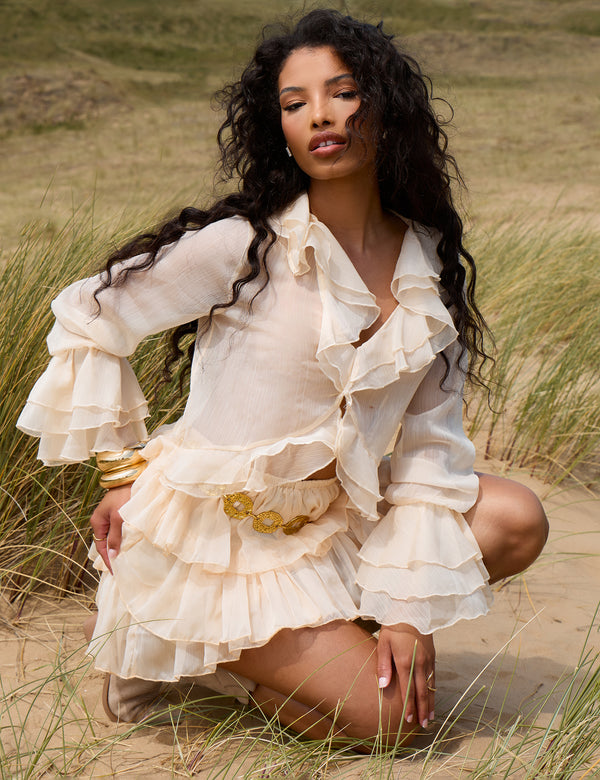 Sheer Ruffled Long Sleeve Crop Top Stone