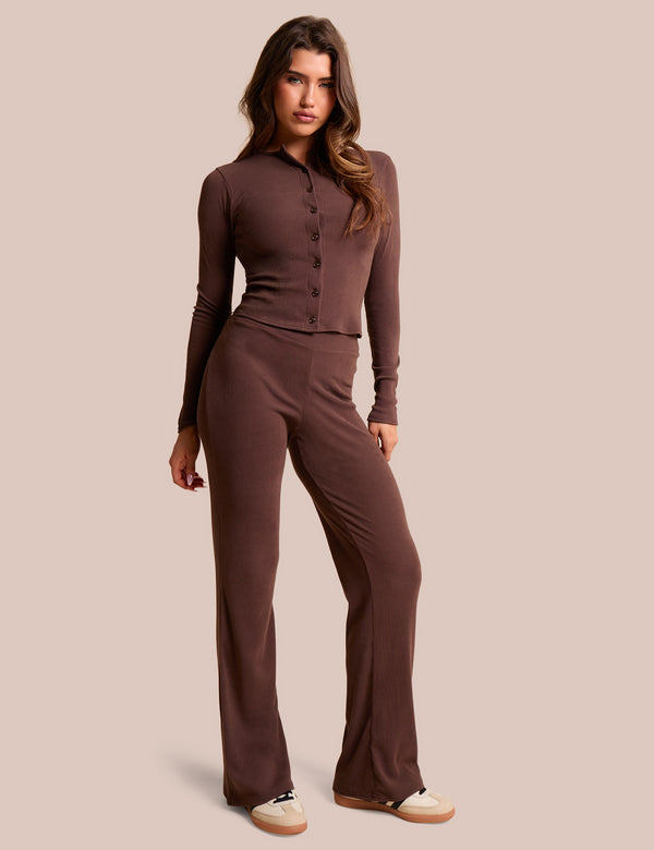 Rib Button Through Long Sleeve Top Chocolate