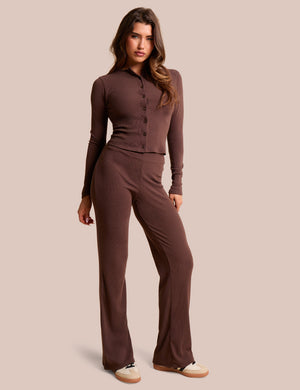 High Waist Rib Wide Leg Trouser Chocolate
