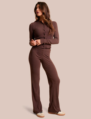 High Waist Rib Wide Leg Trouser Chocolate