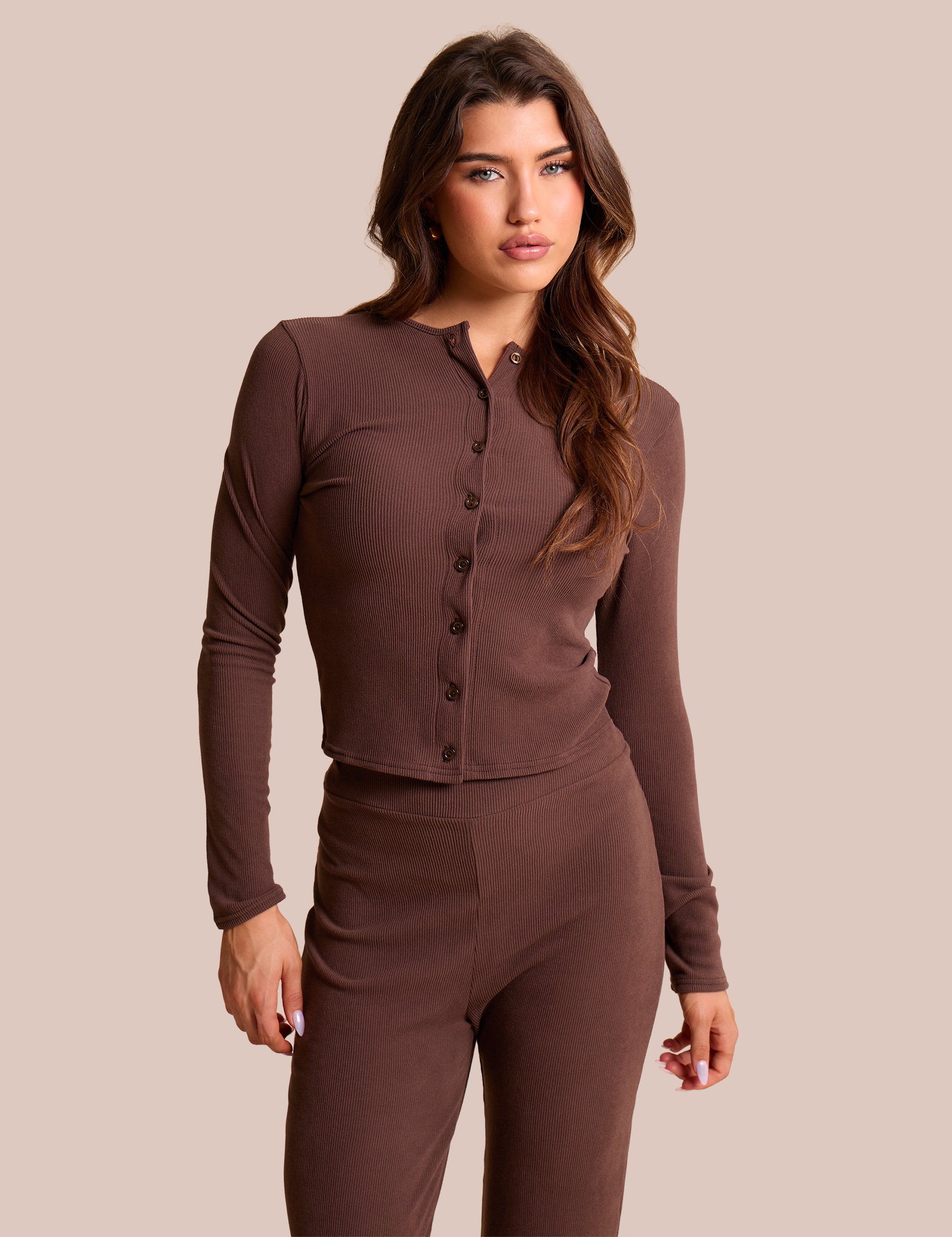 Rib Button Through Long Sleeve Top Chocolate | Public Desire
