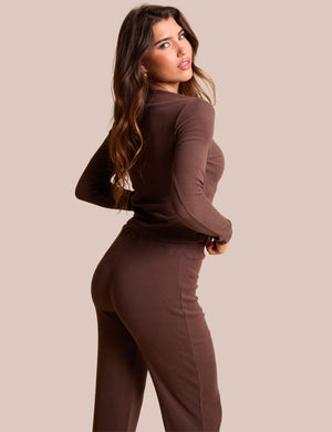 Rib Button Through Long Sleeve Top Chocolate