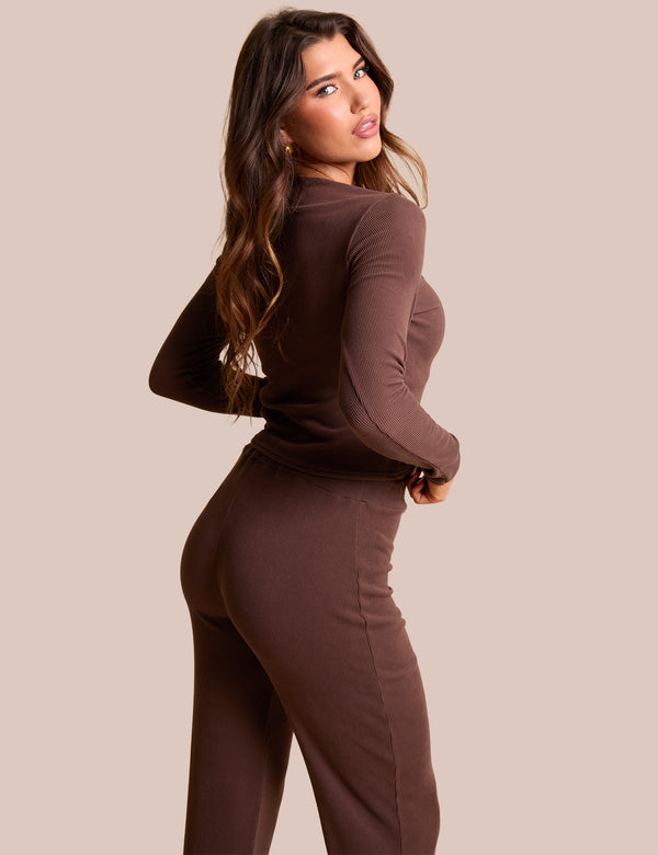 Rib Button Through Long Sleeve Top Chocolate