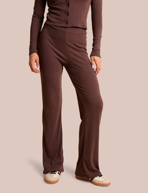 High Waist Rib Wide Leg Trouser Chocolate