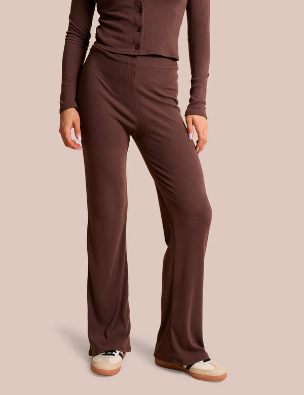 High Waist Rib Wide Leg Trouser Chocolate
