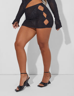 Textured Knit Cut Out Mini Skirt Co Ord Black
