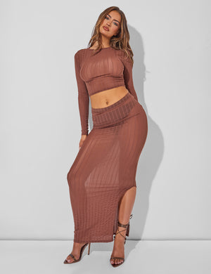 Sheer Long Sleeve Top Co Ord Brown