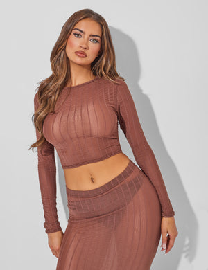 Sheer Long Sleeve Top Co Ord Brown