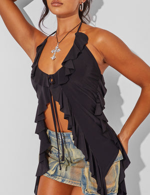 Frill Tie Front Halter Top Black
