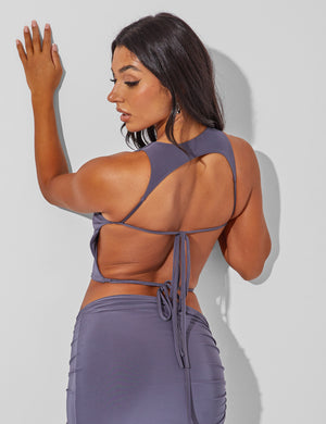 Slinky Open Back Tie Detail Crop Top Charcoal Grey