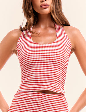Halterneck Gingham Crop Top Red And White