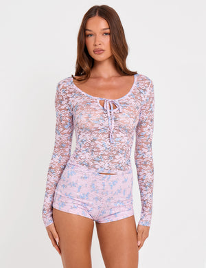 Long Sleeve Sheer Printed Floral Lace Scoop Neck Top Pink