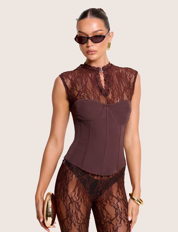 Short Sleeve Sheer Floral Lace Co Ord Top Brown