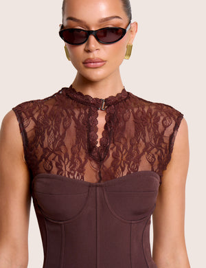Short Sleeve Sheer Floral Lace Co Ord Top Brown