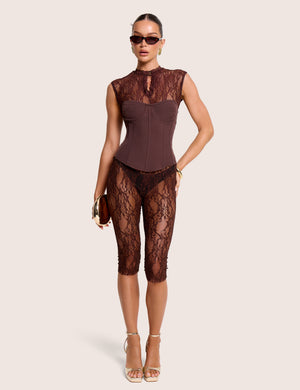 Short Sleeve Sheer Floral Lace Co Ord Top Brown