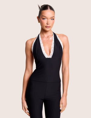 V Neck White Lace Trim Vest Top Luxe Slinky Black