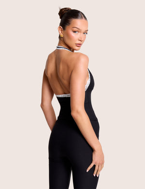 V Neck White Lace Trim Vest Top Luxe Slinky Black
