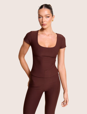 Scoop Neck Luxe Slinky Cap Sleeve Top Brown