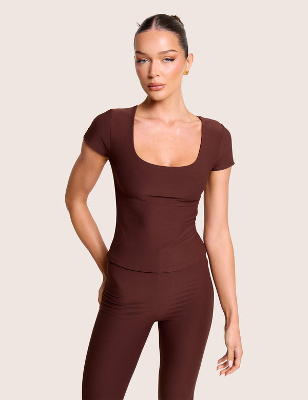 Scoop Neck Luxe Slinky Cap Sleeve Top Brown