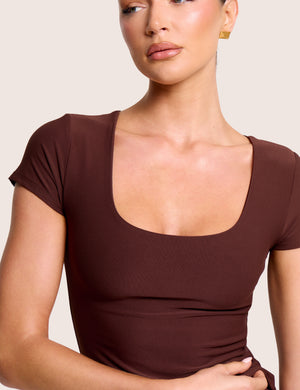 Scoop Neck Luxe Slinky Cap Sleeve Top Brown