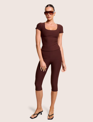 Scoop Neck Luxe Slinky Cap Sleeve Top Brown