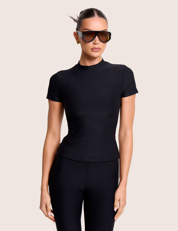 Short Sleeve Double Layered Luxe Slinky Top Black