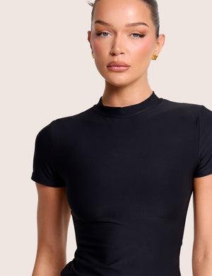 Short Sleeve Double Layered Luxe Slinky Top Black