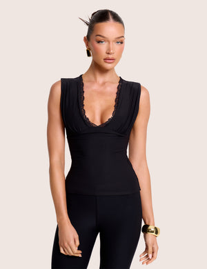 V Neck Black Lace Trim Luxe Slinky Vest Top Black