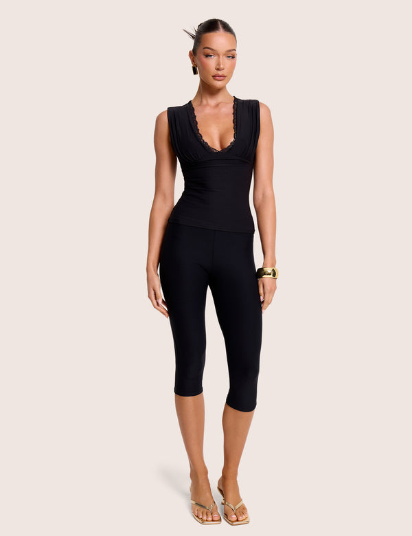 V Neck Black Lace Trim Luxe Slinky Vest Top Black