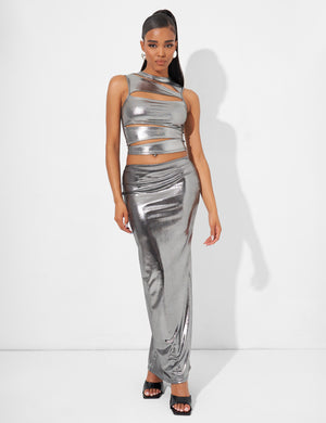 Maxi Skirt Co Ord in Metallic Silver