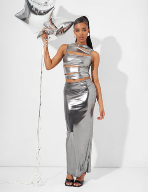 Cut Out Crop Top Co Ord in Metallic Silver