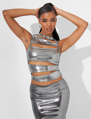 Cut Out Crop Top Co Ord in Metallic Silver