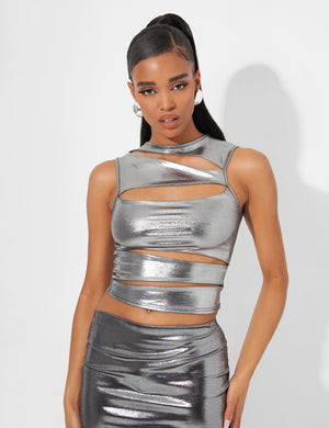 Cut Out Crop Top Co Ord in Metallic Silver
