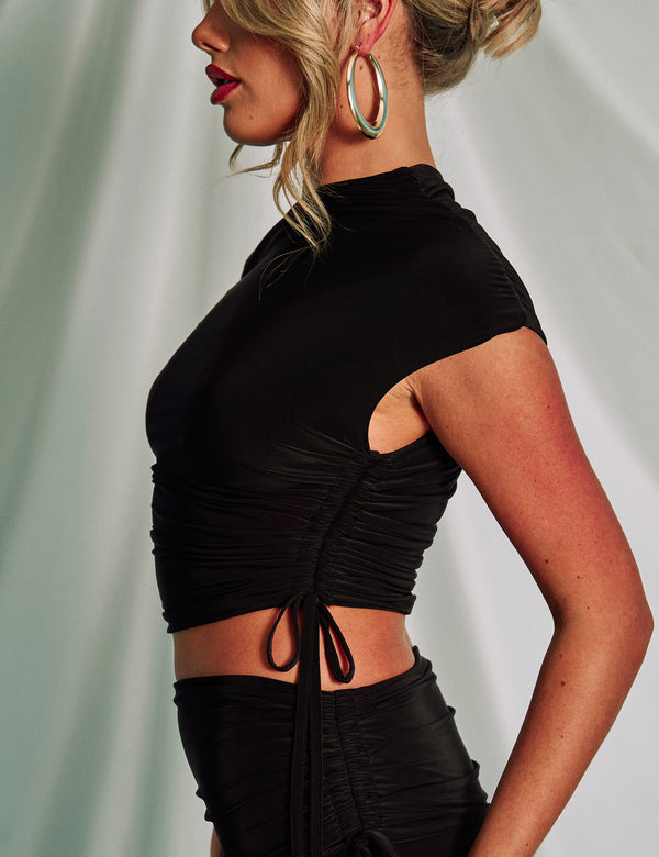 Slinky Ruched Asymmetric Top Black