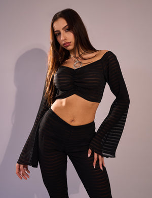Laddered Mesh Ruched Front Long Sleeve Crop Top Black