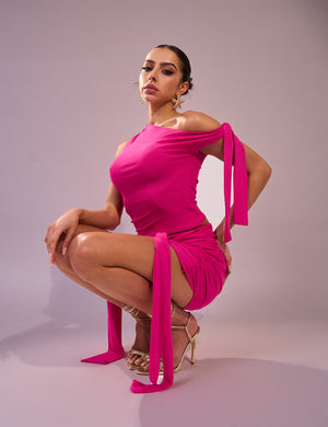 Knot Detail One Shoulder Slinky Tie Crop Top Fuchsia Pink