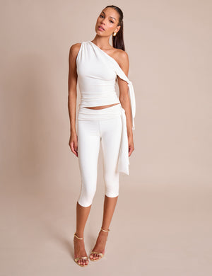 Knot Detail Asymmetric One Shoulder Luxe Slinky Top White