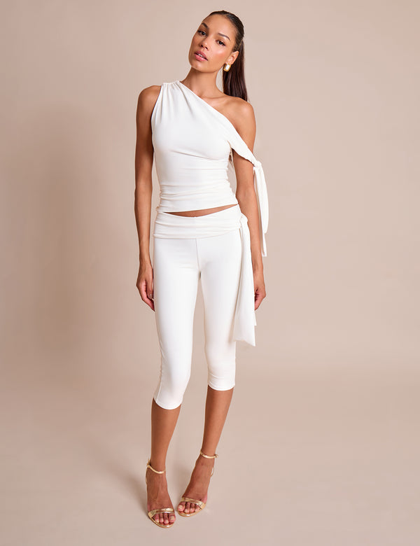 Knot Detail Asymmetric One Shoulder Luxe Slinky Top White