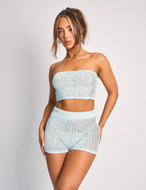 Textured Bandeau Crop Top Co Ord Blue